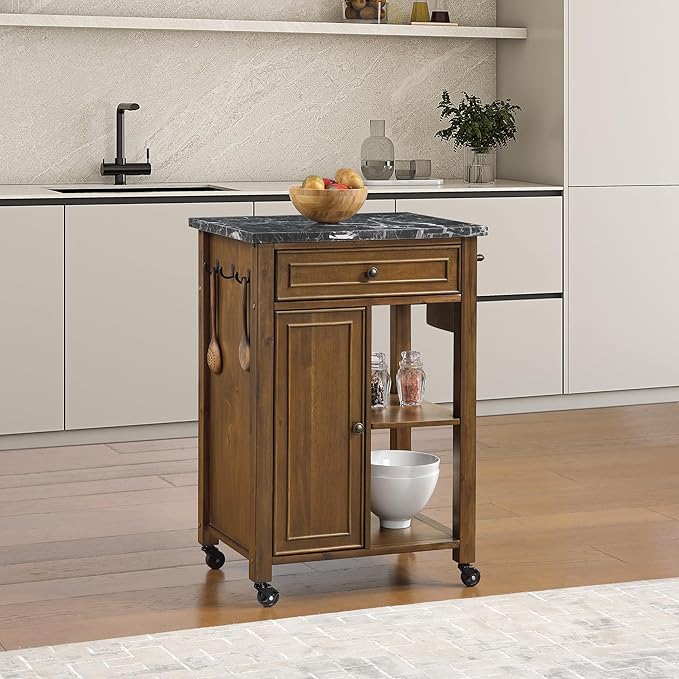 OSP Home Furnishings Fairmont Modern Farmhouse Kitchen Cart, Rolling Storage Cabinet with Drawer, Shelves, Hooks, Towel Bar, Oak Wood Finish with Faux Marble Top