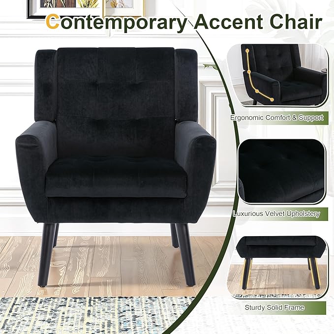 NicBex Modern Accent Chair for Living Room Upholstered Foam Filled Living Room Chairs with Metal Legs Velvet Cozy Lounge Armchair for Living Room Bedroom,Black