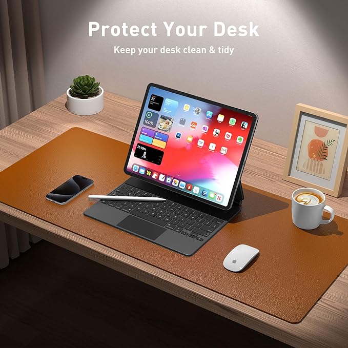 Aothia Leather Desk Pad Protector, Mouse Pad, Office Desk Mat, Non-Slip PU Leather Desk Blotter, Laptop Desk Pad, Waterproof Desk Writing Pad for Office and Home (48"x17",Brown)