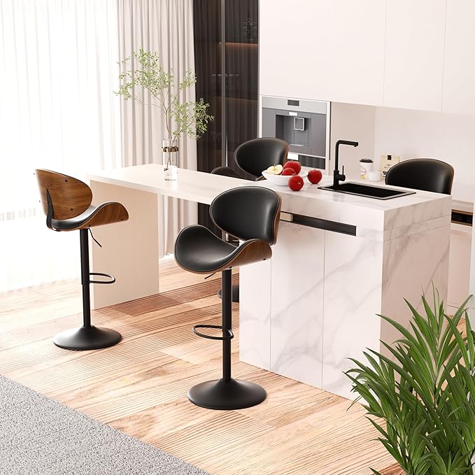 Swivel Bar Stools Set of 4, Seat Adjustable Height 23.5-32.5IN Bentwood Barstools with Back & Footrest, PU Leather Upholstered Counter Height Bar Chairs for Bar Kitchen Dining Room, Black