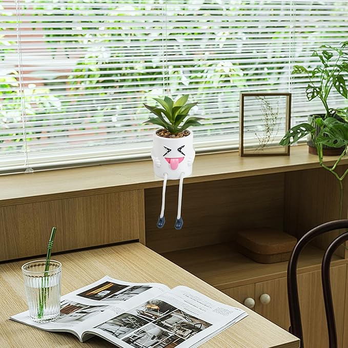 Fake Plant Mini Potted Succulents with Hanging Leg White Cute Pot Creative Artificial Succulent Plants in Funny Pot Faux Succulents for Home Office Shelf Desk Decor and Gift Choice