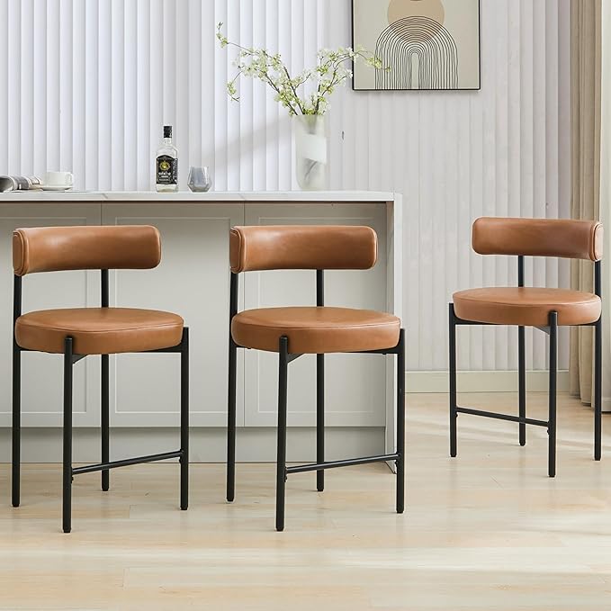 24'' Faux Leather Bar Stools Set of 3, Counter Height Bar Stools with Backs, Upholstered Counter Chairs for Kitchen Island (Vegan Leather, Brown)