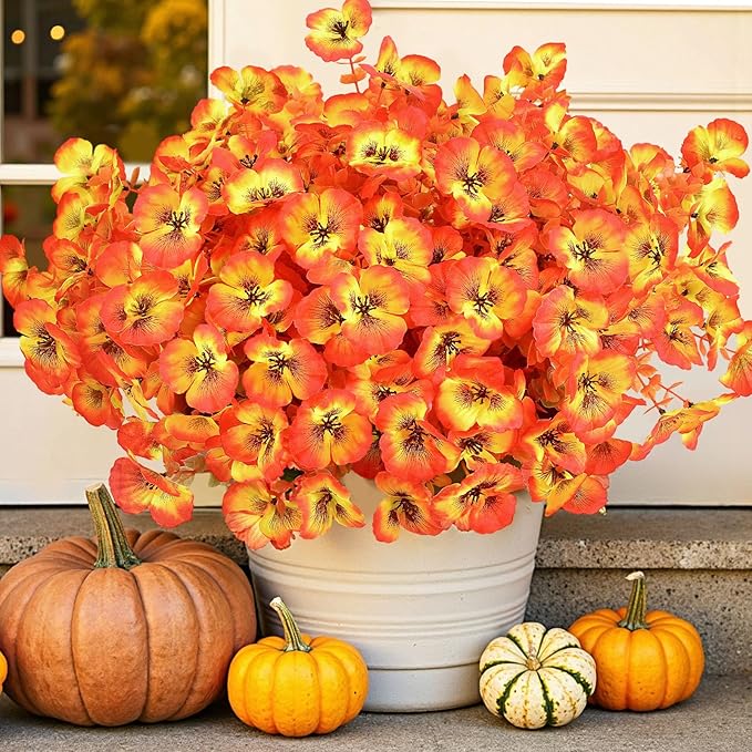 40 Bundles Artificial Fall Flowers for Outdoors Autumn Decorations, Fake Big Pansies Silk Plants UV Resistant Realistic Faux Flowers Plants for Planter Porch Patio Window Decor, Autumn Orange