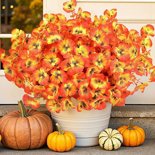 40 Bundles Artificial Fall Flowers for Outdoors Autumn Decorations, Fake Big Pansies Silk Plants UV Resistant Realistic Faux Flowers Plants for Planter Porch Patio Window Decor, Autumn Orange
