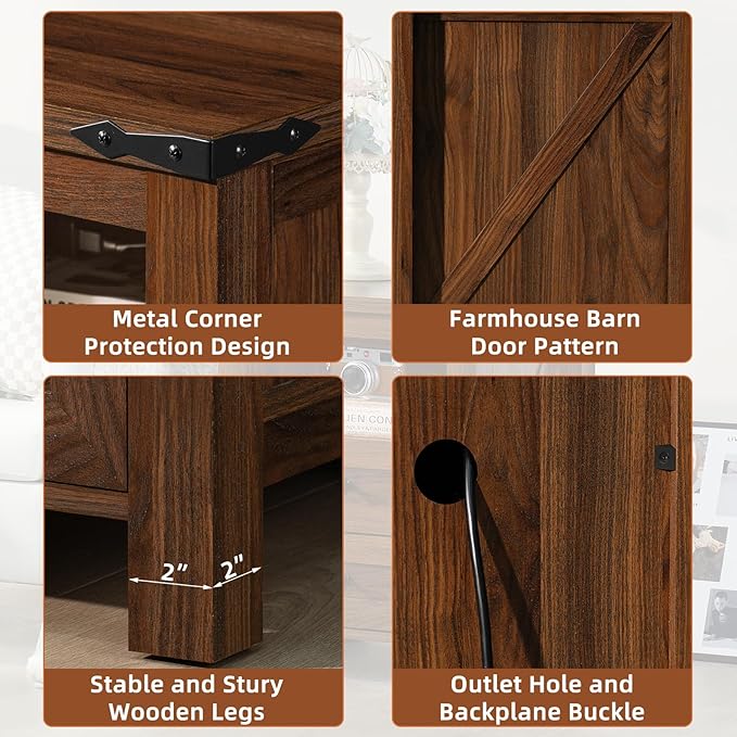 Nightstands Set of 2 with Charging Station, Farmhouse Side End Table with 2 Drawers and Open Shelf, Wood Rustic Sofa Table, Bedside Cabinet for Bedroom, Living Room, Closet, Office(Brown)