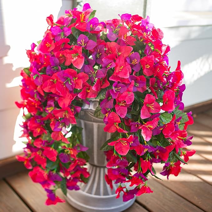 Bougainvillea Artificial Hanging Flowers Plants for Outdoors Decoration, 2pcs Fake Flowers Silk Bougainvillea Vines Realistic UV Resistant Faux Flowers for Outdoor Planters Porch Patio, Mix
