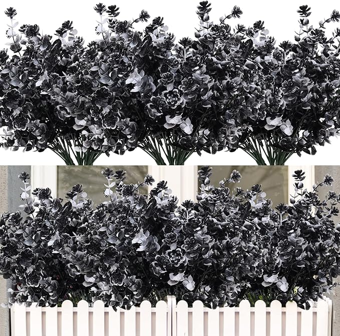 RECUTMS Black Artificial Flowers, 12 Pcs Fake Outdoor UV Resistant Plants Faux Plastic Greenery Shrubs Indoor Outside Hanging Planter Flower Decoration, Garden Decor (Black+White)