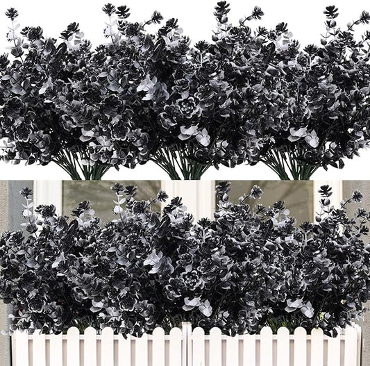 RECUTMS Black Artificial Flowers, 12 Pcs Fake Outdoor UV Resistant Plants Faux Plastic Greenery Shrubs Indoor Outside Hanging Planter Flower Decoration, Garden Decor (Black+White)