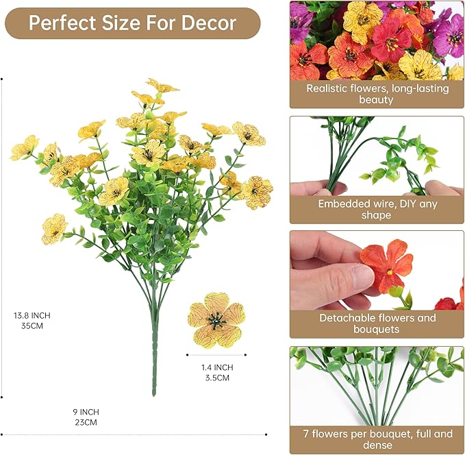 12 Bundles Artificial Flowers Plants for Outdoor Spring Summer Home Decor, Faux Flower Daisy with Eucalyptus Leaves Fake Plants, UV Resistant Artificial Flowers for Garden Porch Patio Decor Multicolor