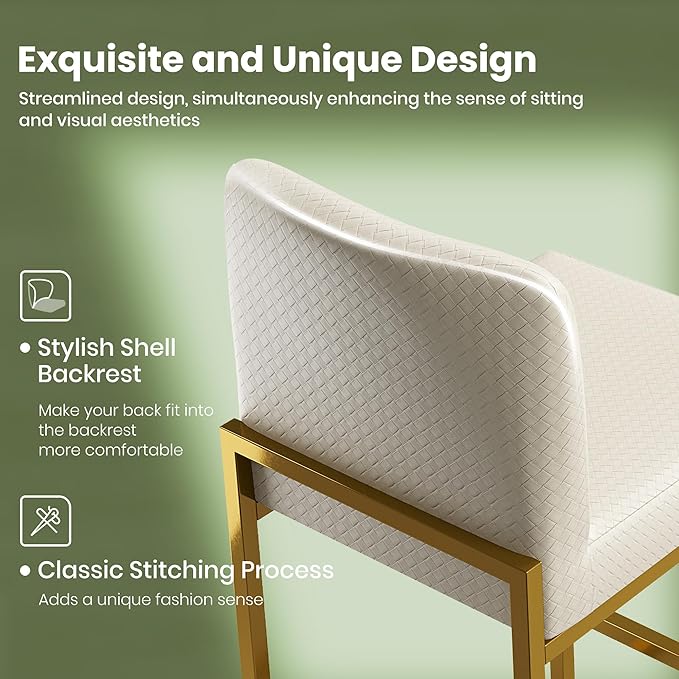 PHI VILLA Bar Stools Set of 3 - Counter Height Bar Stool Leather Stools for Kitchen Counter, White and Gold Bar Stools with Back