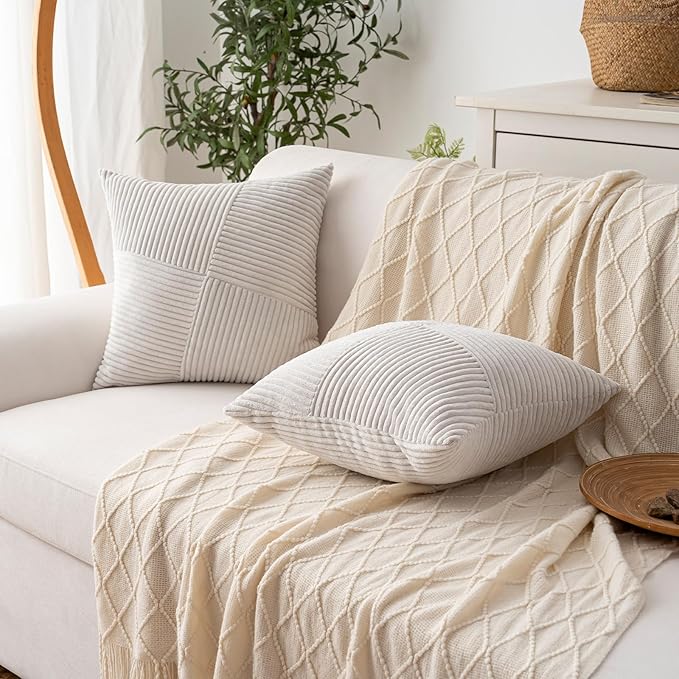 Decorative Throw Pillow Covers 20x20 Inch Set of 2 for Boho Living Room Farmhouse Home Decor, Spring Pillow Covers for Couch Bed, Soft Corduroy Striped Patchwork Cushion Cases, Cream White