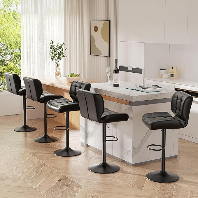 Modern Bar Stools Set of 3, Faux Leather Upholstered Swivel Bar Stools, Adjustable Counter Height Bar Chairs with High Back and Footrest for Kitchen Island (Black)