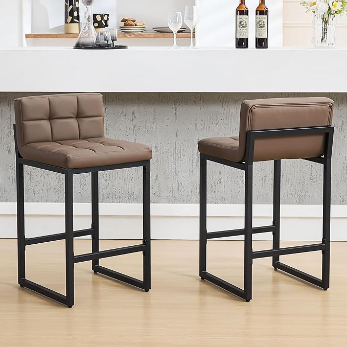 Counter Height Bar Stools Set of 2, Modern Faux Leather Counter Stools with Low Back and Footrest, Upholstered Bar Chairs for Kitchen Island (Coffee Brown, 2Pcs 26" Bar Stools)