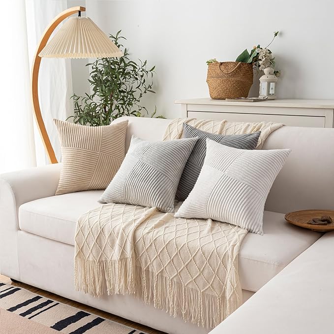 Decorative Throw Pillow Covers 18x18 Inch Set of 4 for Boho Living Room Farmhouse Home Decor, Spring Pillow Covers for Couch Bed, Soft Corduroy Striped Patchwork Cushion Cases, Light Colors