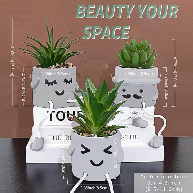 Small Fake Plants Faux Succulents in Grey Pots with Hanging Leg Potted Mini Fake Plants for Office Desk Decor Cute Artificial Succulent Plants for Home Office Desk Decor and Gift Choice - Set of 3