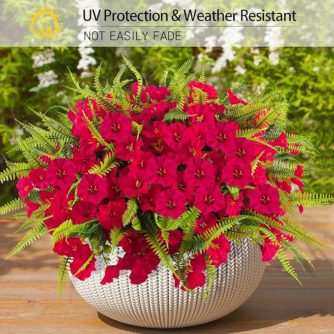 Artificial Flowers Outdoors 12 Bundles Artificial Petunias Fake Flowers UV Resistant Shrubs Plants with Fern for Indoor Outside Hanging Planters Home Garden Summer Decorations(Rose Red)