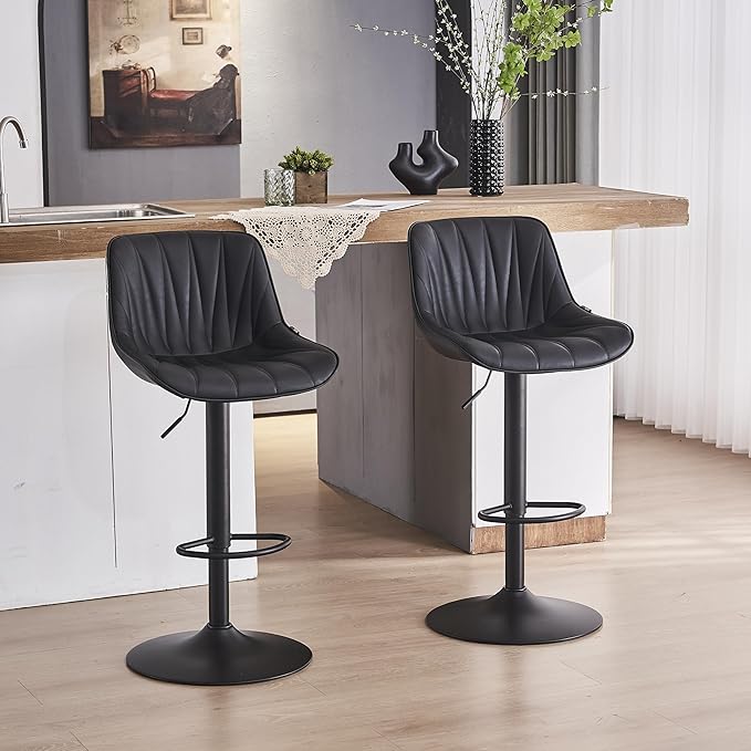 YOUNIKE Bar Stools Set of 2 for Kitchen Island, Black Swivel Tall Bar Stools, Adjustable Barstools with Back, Faux Leather Padded Stools, Modern Counter Height Bar Chairs with 300LBS Support