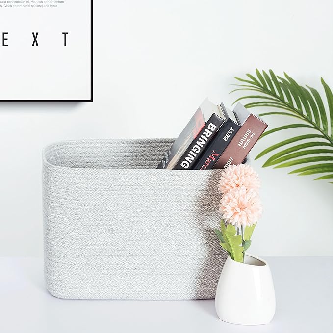 MINTWOOD Design 3-Pack Decorative Woven Storage Baskets for Shelves, Cube Bin Box for Organizing Books, Shoes, Dog Toys, Pantry Closet and Living Room Organizer, Light Gray Mix