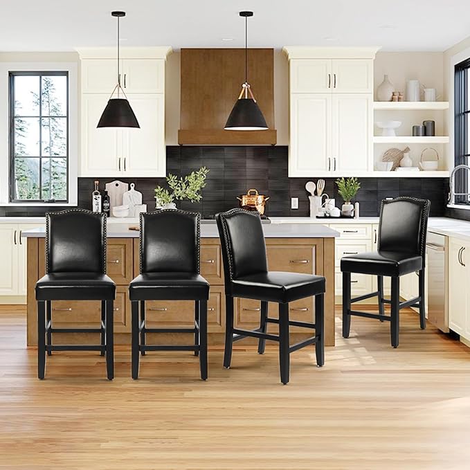 LSSPAID Counter Height Bar Stools Set of 4, 23.5 Inch Pu Upholstered Barstools, Kitchen Island Chairs with Bronze Nail Backrest and Solid Wood Legs for Kitchen Pub Home Cafe, Black