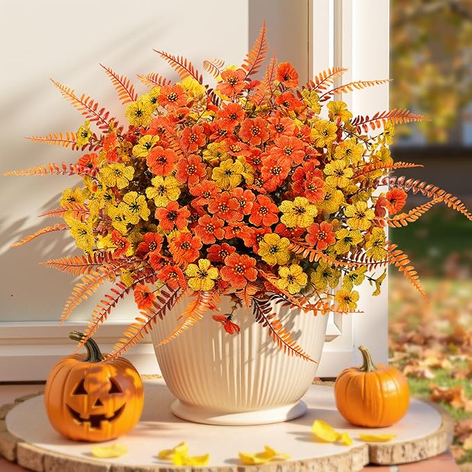 Artificial Mums Fall Fake Flowers for Outdoors, 12 Bundles Faux Mums for Outdoor Planters Decorations,UV Resistant Silk Flowers Plastic Plants for Front Porch Garden Patio (B-Orange Yellow Fern)