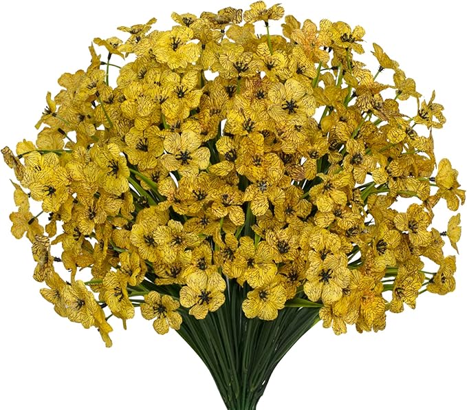 15 Bundles Artificial Flowers UV Resistant Outdoor Plants No Fade Faux Plastic Shrubs Fake Silk Flowers Window Box Garden Porch Home Decoration (Yellow)