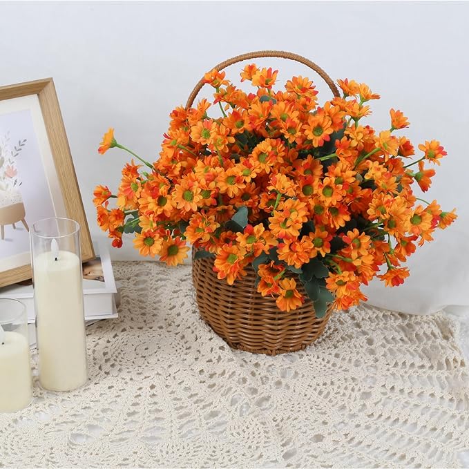 10 Bundles Artificial Mums Flowers for Fall Outdoors Planters Orange Artificial Daisy Flowers Fake Fall Mums UV Resistant Faux Silk Flowers for Home Indoor Decor Thanksgiving Window Box