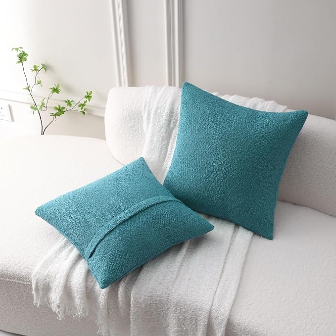 FUTEI Pack of 2 Teal Blue Decorative Throw Pillow Covers 20x20 Inch Soft Cozy Solid Boucle Textured Cushion Case,Modern Home Decor for Couch Bed Living Room