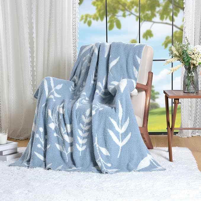 Leaf Pattern Throw Blanket Soft Cozy Spring Blanket for Bed, Couch, Sofa Lightweight Breathable Stylish Seasonal Home Decor Blanket Dusty Blue 60x80 Inches