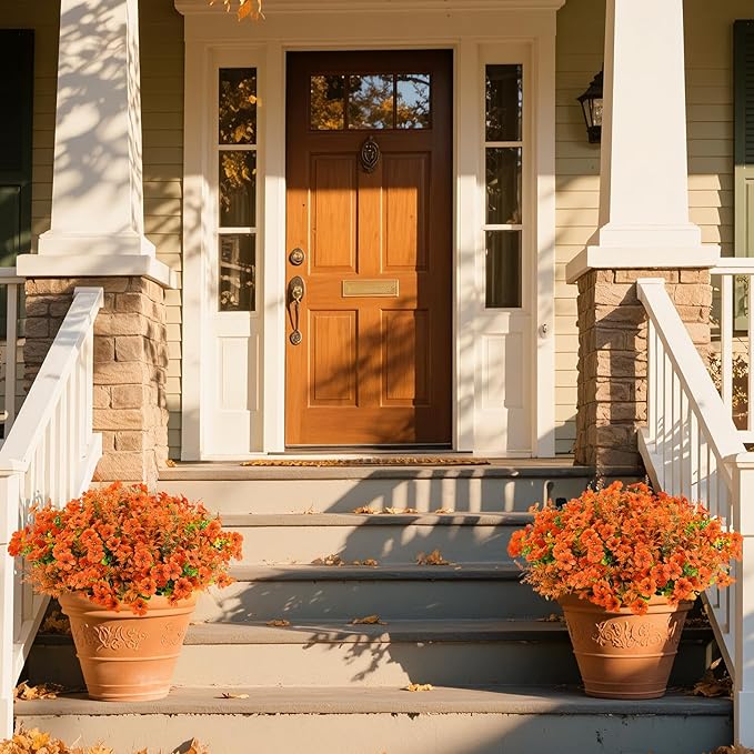 SHareconn 24 Bundles Artificial Fall Flowers for Outdoors Decoration, UV Resistant Silk Eucalyptus Lavender Faux Autumn Fake Plants for Outside Indoor Garden Yard Porch Home Decor, Orange