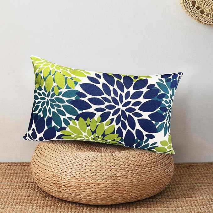 Decorative Throw Pillow Covers Set of 2 Blue Green Pillow Covers 12x20 Inch Couch Pillow Covers for Sofa Living Room Outdoor Throw Pillow Cover Linen Floral Flower Farmhouse Pillowcase