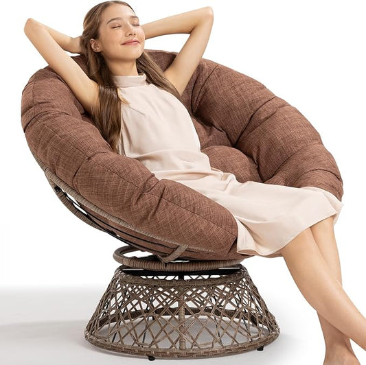 Bme 40" Ergonomic Wicker Papasan Chair with Soft Thick Cushion & Frame, 360° Swivel, Circle, Reading, Comfy Chair for Living Room, Bedroom