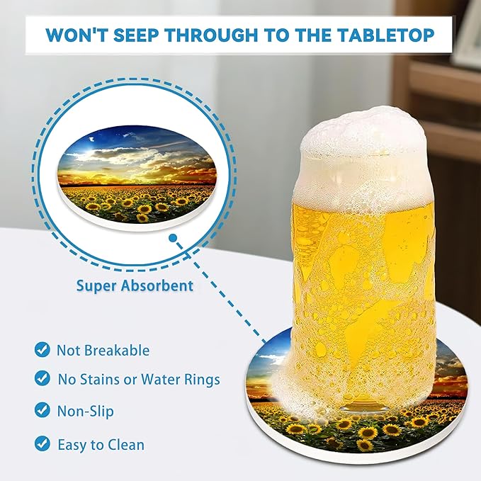 Drinks Coasters Set of 4, Sunflower Round 4" Cup Coasters, Absorbent Ceramic Stone Coasters with Cork Base, Cute Coasters for Table Home Décor, Ideal Gifts for Women Men