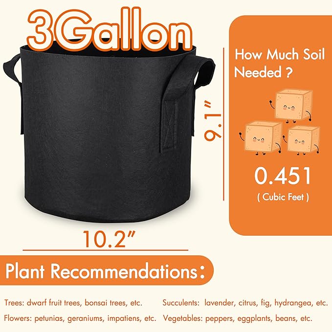 Gardzen 20-Pack 3 Gallon Grow Bags, Aeration Fabric Pots with Handles, Pot for Plants