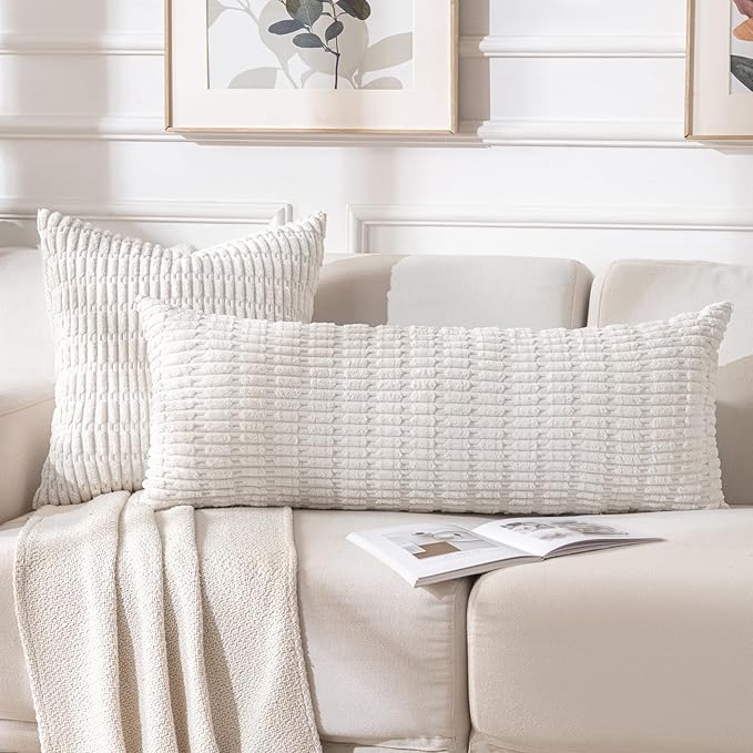 Fancy Homi 2 Packs Cream Boho Long Body Lumbar Decorative Throw Pillow Cover 14x36 Inch for Bed Couch Bedroom Bench, Soft Corduroy Rectangle Solid Pillow Case 35x91 cm, Rustic Farmhouse Room Decor