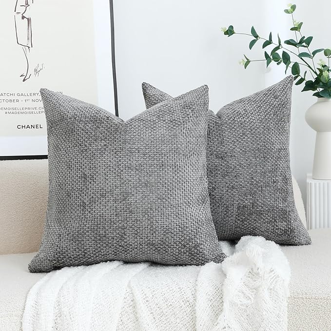 Stellhome Pack of 2 Woven Textured Decorative Throw Pillow Covers Soft Chenille Accent Luxury Cushion Cases for Living Room Couch Bed Sofa Farmhouse Boho Home, 16x16 inch, Grey