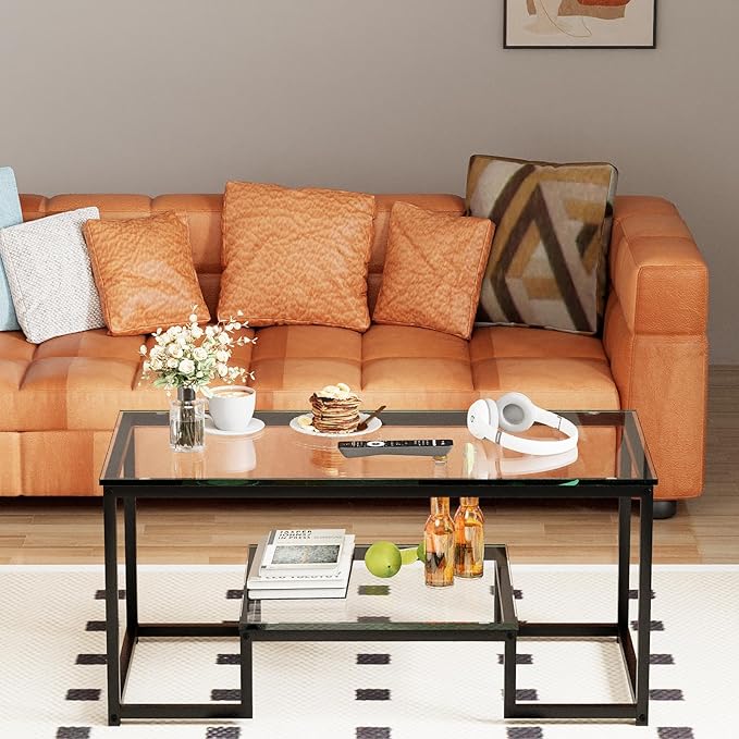 Coffee Table Black Glass Coffee Table for Living Room,2 Tiers Rectangle Center Table with Sturdy Metal Frame,Modern Tempered Glass Accent Table for Bedroom Home Office