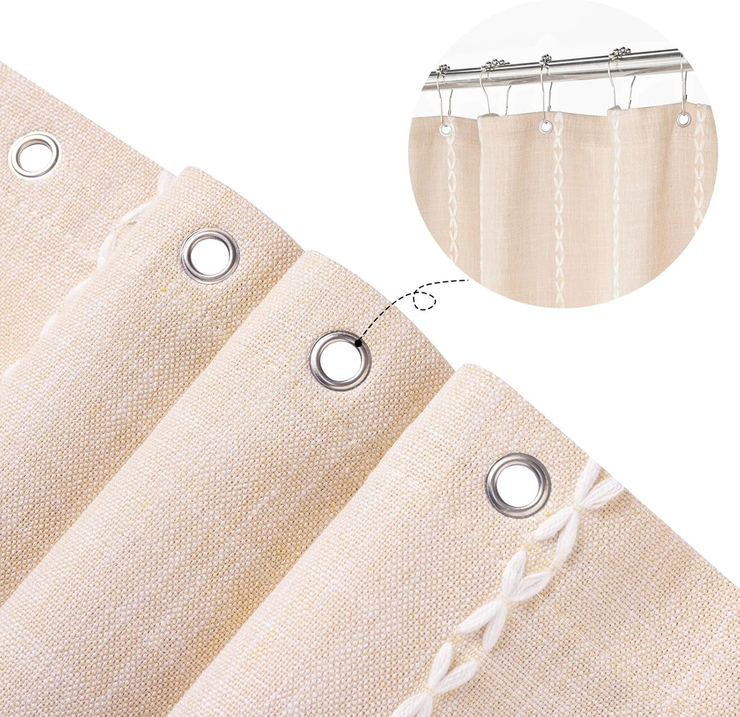 MitoVilla Beige Boho Farmhouse Shower Curtain, Cream Modern Cotton Linen Fabric Shower Curtains for French Country Bathroom Decor, Retro Tassel Thick Cloth Shower Curtain, 72 x 72