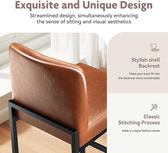 ALPHA HOME 24” Bar Stools Set of 2 Counter Height Bar Stool Pu Leather Kitchen Modern Bar Stools with Backrest Upholstered Footrest Sturdy Chromed Metal Steel Frame,Brown.