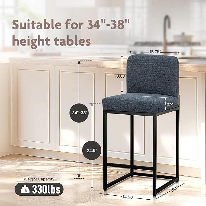 ALPHA HOME 24" Bar Stools Set of 4 Kitchen Counter Stools with Back, Counter Height Stools with Upholstered Footrest for Kitchen Island, Metal Steel Frame, Chenille, Blue