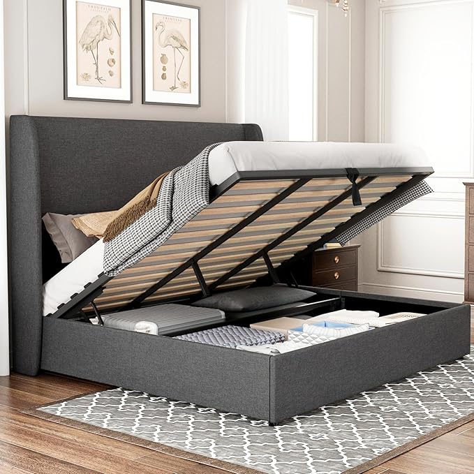 Jocisland King Size Bed Frame Lift Up Storage Bed Upholstered Platform Bed with Wingback Headboard/Hydraulic Storage/No Box Spring Needed/Wood Slats Support/Dark Grey