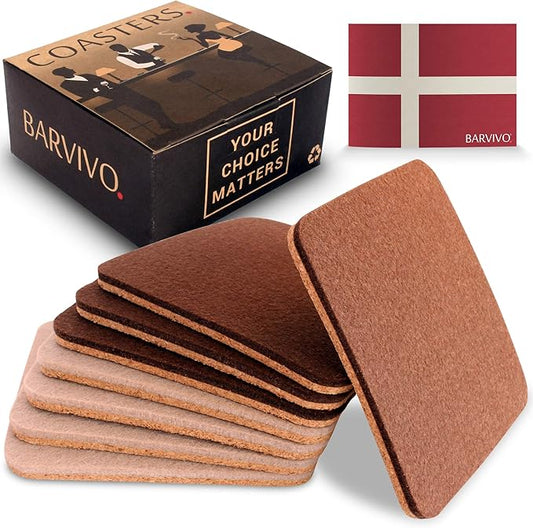 Barvivo Coasters for Drinks Absorbent- 8 Pcs Square Coasters for Coffee Table - Double Sided Felt & Cork Drink Coasters for Tabletop Protection - Suitable for Drinks, Coffee & All Table Types - Brown