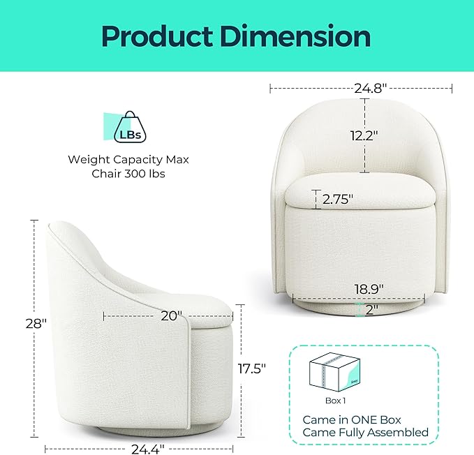 LINSY Swivel Accent Chair with Storage Comfy Chenille Barrel Chairs, Small 360 Swivel Modern Armchair for Living Room Bedroom, Boucle Reading Chair for Study Room (Beige)