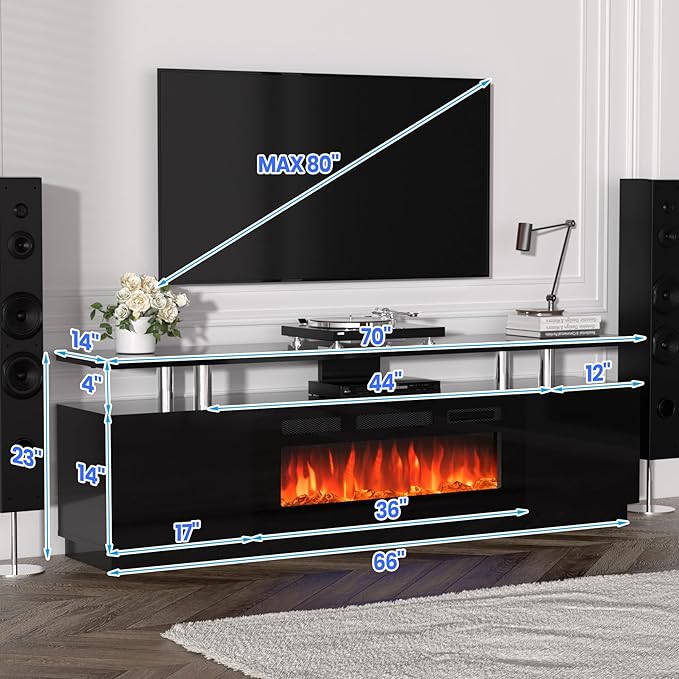 70 Inch Fireplace TV Stand with 36 Inch Electric Fireplace, 12 Colors LED Lights, 750W/1500W for Max 80 Inch TV, 2 Tier Storage 2 Door Cabinet