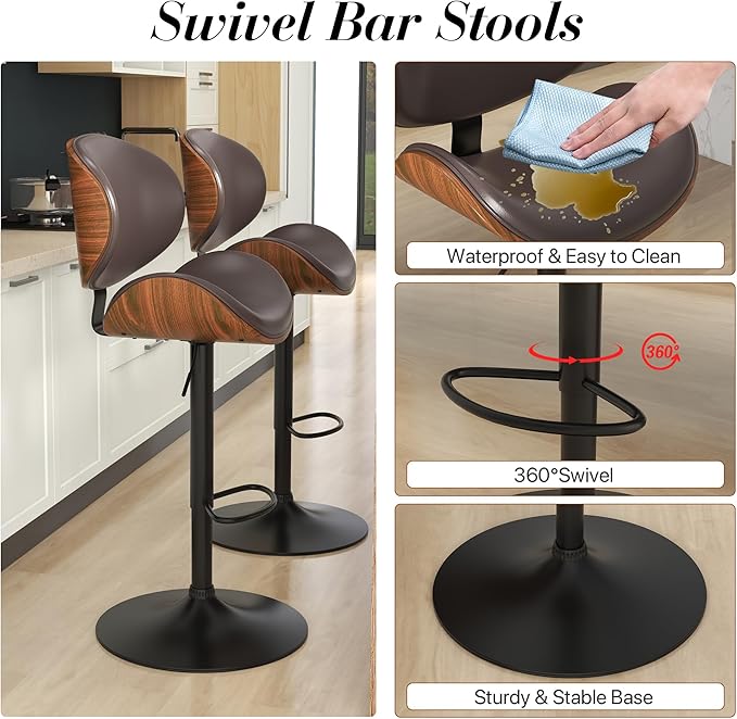KCC Bar Stools Set of 6, Swivel Adjustable Height Barstools, PU Leather Upholstered Bar Chairs with Footrest, Bentwood Bar Stool for Kitchen, Bar, Dining Room(Brown PU)