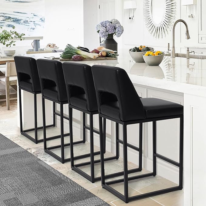 Black Bar Stools Set of 4 for Kitchen Counter Counter Height Modern Bar Chairs with Backs for Kitchen Island with Upholstered Faux Leather Seat and Metal Frame, 26 Inch