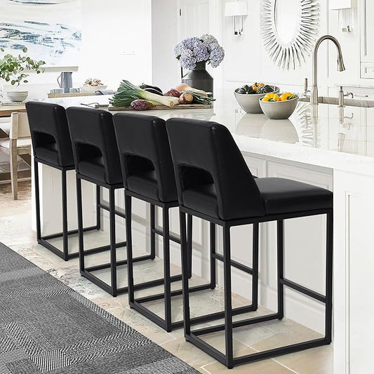Black Bar Stools Set of 4 for Kitchen Counter Counter Height Modern Bar Chairs with Backs for Kitchen Island with Upholstered Faux Leather Seat and Metal Frame, 26 Inch