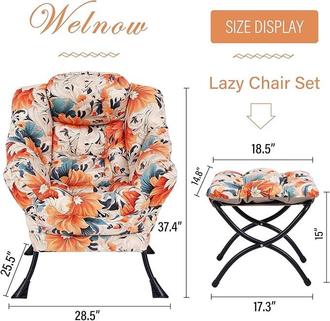 Welnow Lazy Chair with Ottoman, Modern Lounge Accent Chair with Armrests and a Side Pocket, Leisure Sofa Armchair Set, Reading Armchair with Footrest for Small Space, Orange Blue