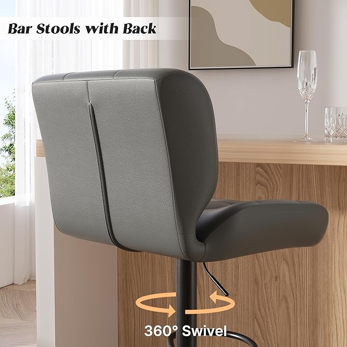 Modern Bar Stools, Faux Leather Upholstered Swivel Bar Stools, Adjustable Counter Height Bar Chairs with High Back and Footrest for Kitchen Island (Dark Grey)