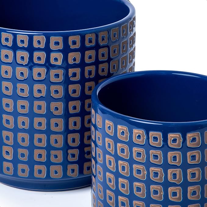D'vine Dev Set of 2 Ceramic Planter Pots with Drainage Hole and Saucer, 4.5 Inch 6 Inch Plant Pots for Indoor Houseplants, Blue, 99-A-6