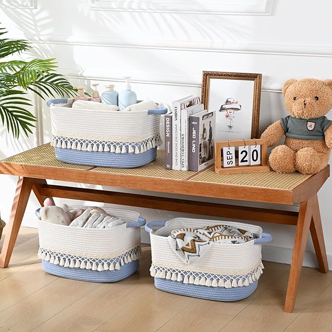 3 Pack Storage Basket for Shelves, Boho Cotton Rope Storage Bins with Heavy Tassel, Shelf Baskets Large Woven Baskets for Organizing, Cube Organizer Bins, Baby Laundry Basket for Clothes, Toys, Pets